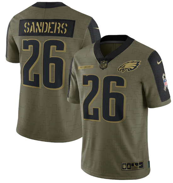 Men's Olive Philadelphia Eagles #26 Miles Sanders 2021 Salute To Service Limited Stitched Jersey